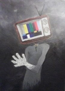 a drawing of a grey figure emerging from a dark background with a TV on its head.
