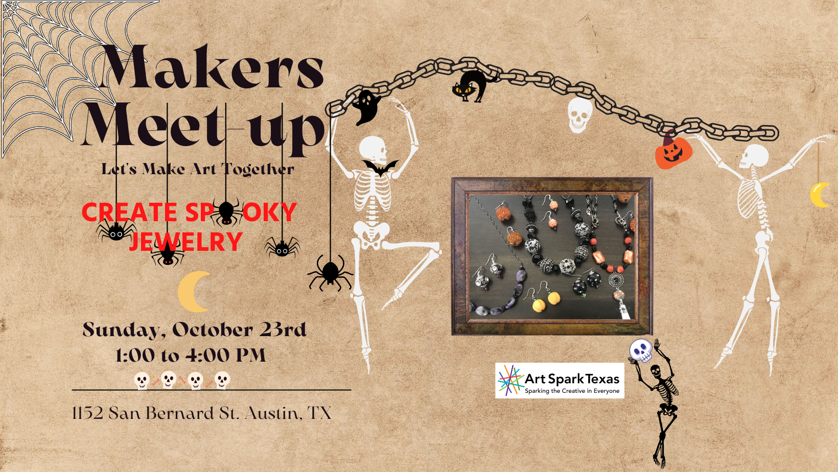 Graphic with parchment background with a Halloween theme. A skeleton holds a chain, spiders hang down from the words Makers Meet-Up. There’s a half moon and teeny skulls at the bottom