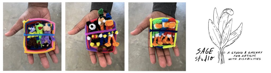 On the left, 3 Worry Doll sculpture created by Montrel. On the right, Sage Studios logo, a studio and gallery for artists with disabilities.