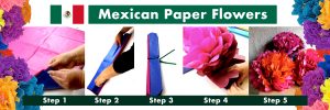 Mexican Paper Flowers title with the 5 steps to creating a colorful tissue paper flower.