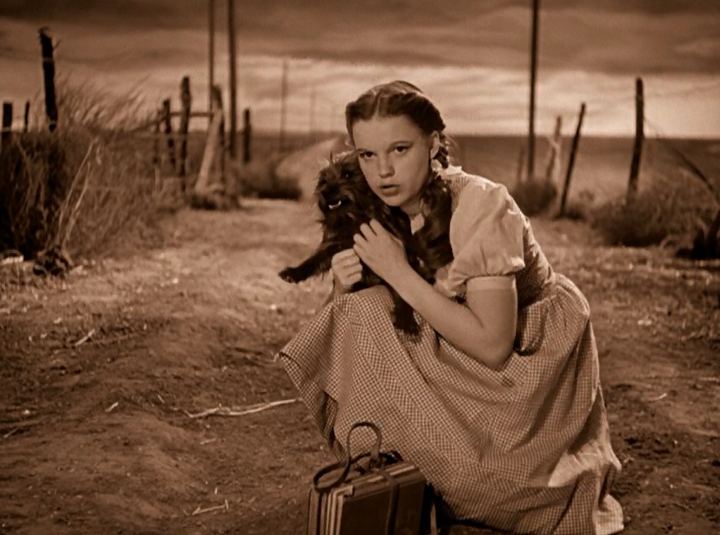 Dorothy and Toto on dusty country road in Wizard of Oz
