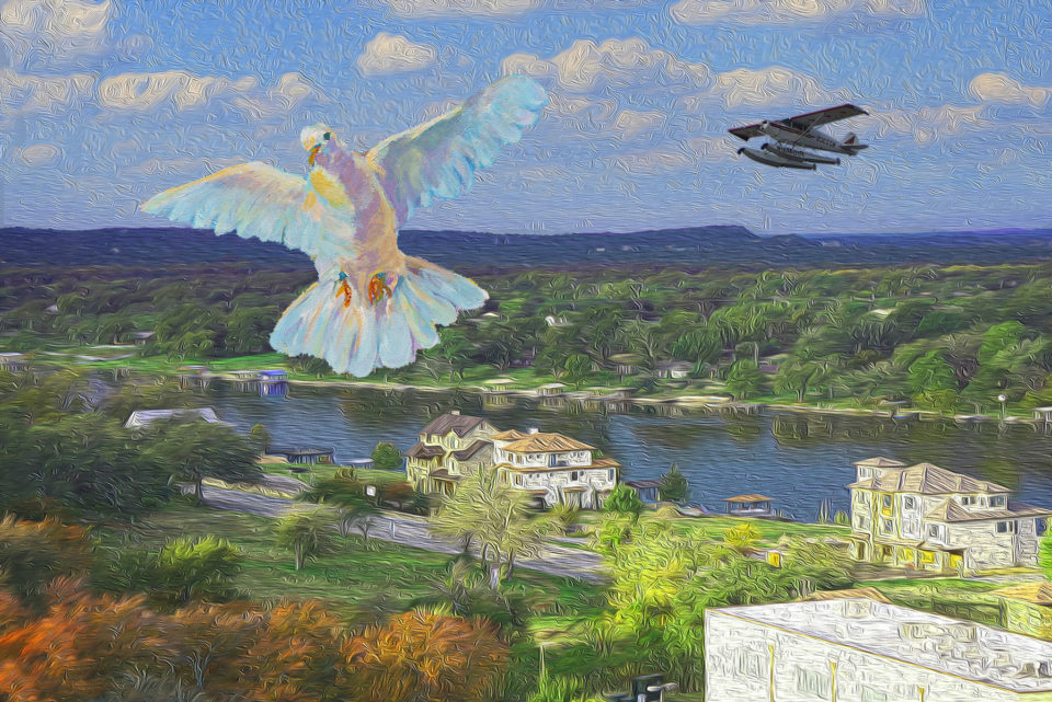 Nancy's Peaceful Fall - a landscape painting with bird flying overhead and plane in the background