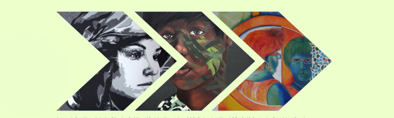 a series of three paintings featuring a female soldier in black and white, a female soldier in camouflage face paint, and an abstract painting of a woman with short hair looking at herself in the mirror