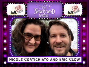 Selfie of Eric and Nicole smiling with snow behind, all within a campy game show border that reads "The Newlywed Game, Actual Lives Austin"