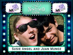 Photo of smiling pre-teen Susie wearing hip purple rim sunglasses and Juan, all within a campy game show border that reads "The Newlywed Game, Actual Lives Austin