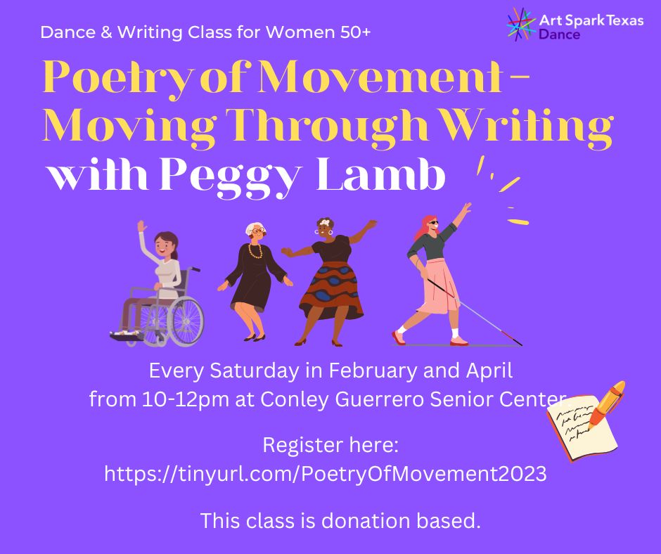 stylized graphic with cartoon-style dancers with and without disabilities. Text reads, "Poetry of Movement - Moving through writing with peggy Lamb."