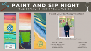 3 paintings and photo of an artist. text reads, "Paint and Sip Night"