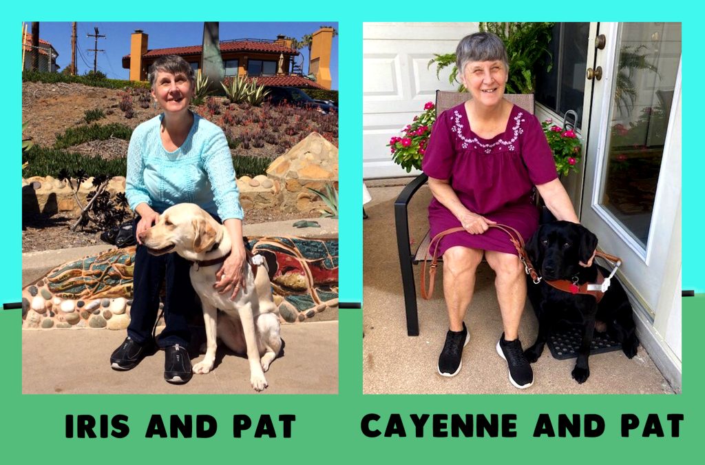 Two photos of Pat with guide dogs