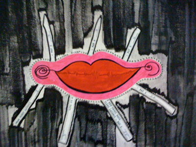 Acrylic, pencil and paper collage artwork of lips