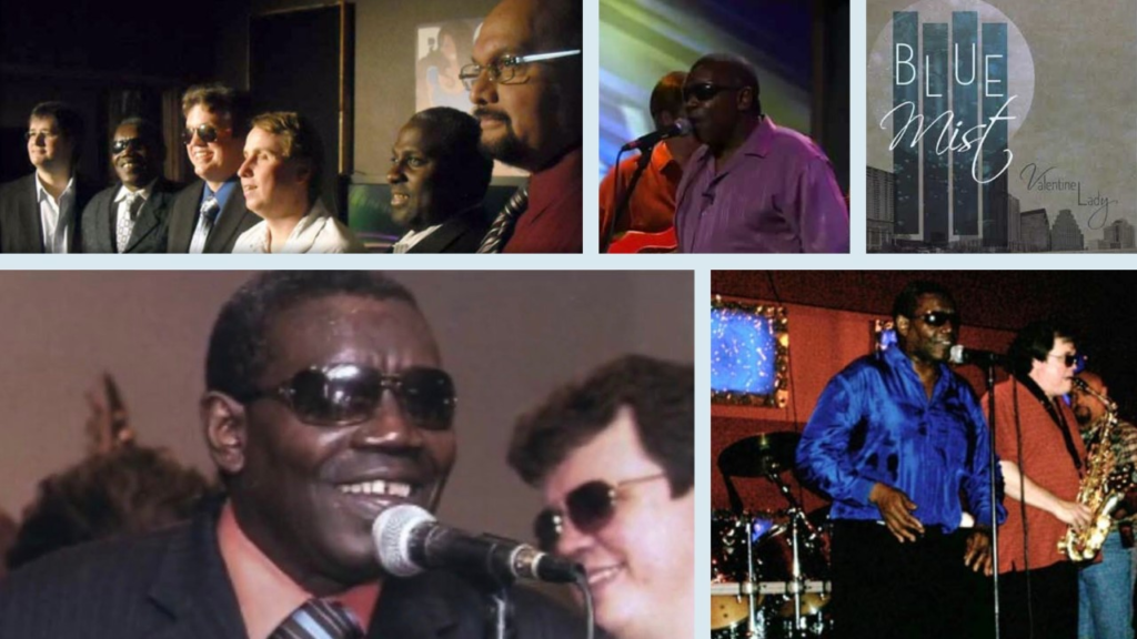 mosaic of five photos of Blue Mist band performing and in studio