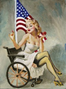 a blonde-haired white woman in a dress with a tight bodice, her skirt hiked up to reveal the tops of her stockings. She sits in a wheelchair with an American flag on the back.