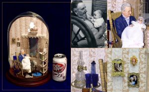On the left: “Recollections of 1956, Grandfather Holding Ruth McIntosh for the First Time”, a 1:12 scale miniature scene recreating the home of her grandparents. On the right, Details include the photograph of Ruth and her grandfather, the miniature dolls of Ruth and her Grandfather, a miniature antique glass kerosene lamp, and miniature gold picture frames that were all created and made by Ruth McIntosh. The entire scene fits under an 8 inch wide glass dome.