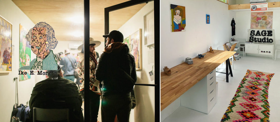 The storefront of SAGE Studio’s shipping container gallery as well as an interior view of the gallery.