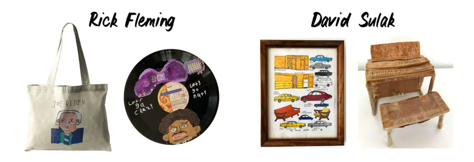 Artwork by Rick Fleming and David Sulak. On the left are two artworks by Rick Fleming. The first, a portrait of Joe Biden on a canvas bag. The second, a portrait of Prince with the text, “Let’s go Crazy, Let’s go Nuts.” On the right are two artworks by David Sulak. The first, a drawing of 9 cars from the 1970s with 2 couches and 2 kitchen interior details. The second, a small sculpture of a piano made from paper and tape.