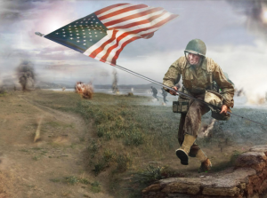 A painting of a soldier running through a war zone carrying an American flag
