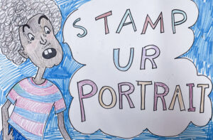 words Stamp Ur Portrait next to a drawn portrait of a person wearing a striped shirt