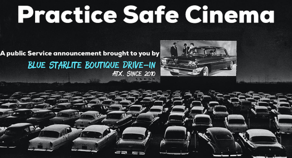 "Practice Safe Cinema" printed on vintage photo of drive-in