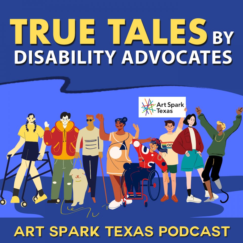 True Tales by Disability Advocates Podcast logo featuring various cartoon style characters centered in the logo.