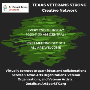 Camouflage paint splatter with text Texas Veterans Strong Creative Network.