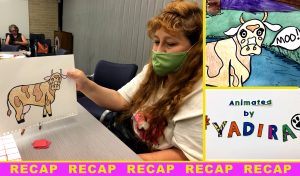 On the left, Yadira shows off her cow illustration. On the top right, Yadira's cow illustration is animated to say moo! On the bottom right, Yadira's title credit, with her name in multiple colors.