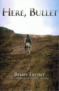 A soldier standing in the desert. Text reads, "Here, Bullet. By Brian Turner."