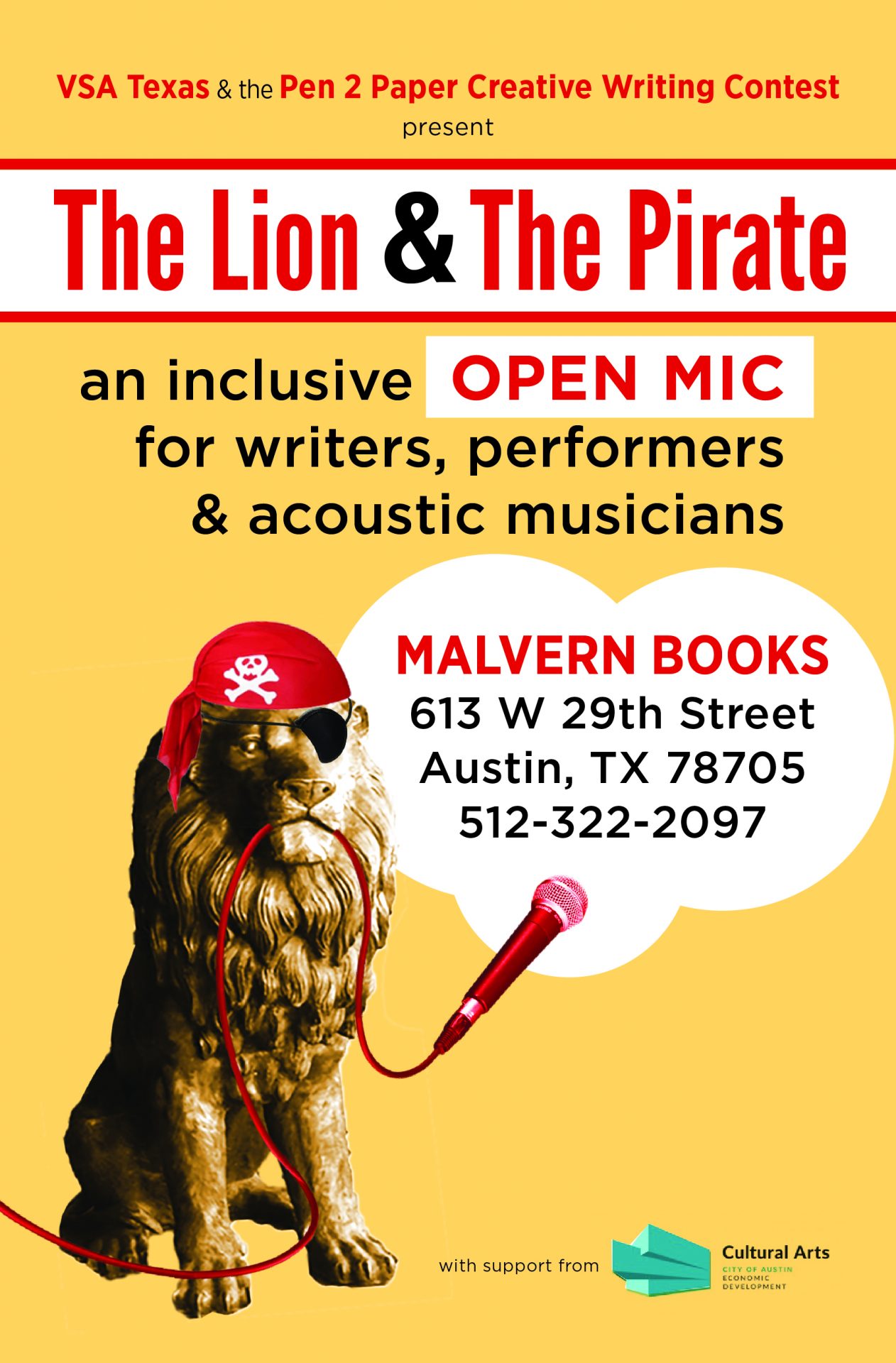 Lion and Pirate open mic postcard