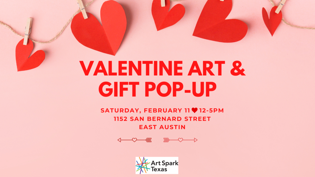 Paper hearts clipped to twine. Text reads, "Valentines Art & Gift Pop-Up."