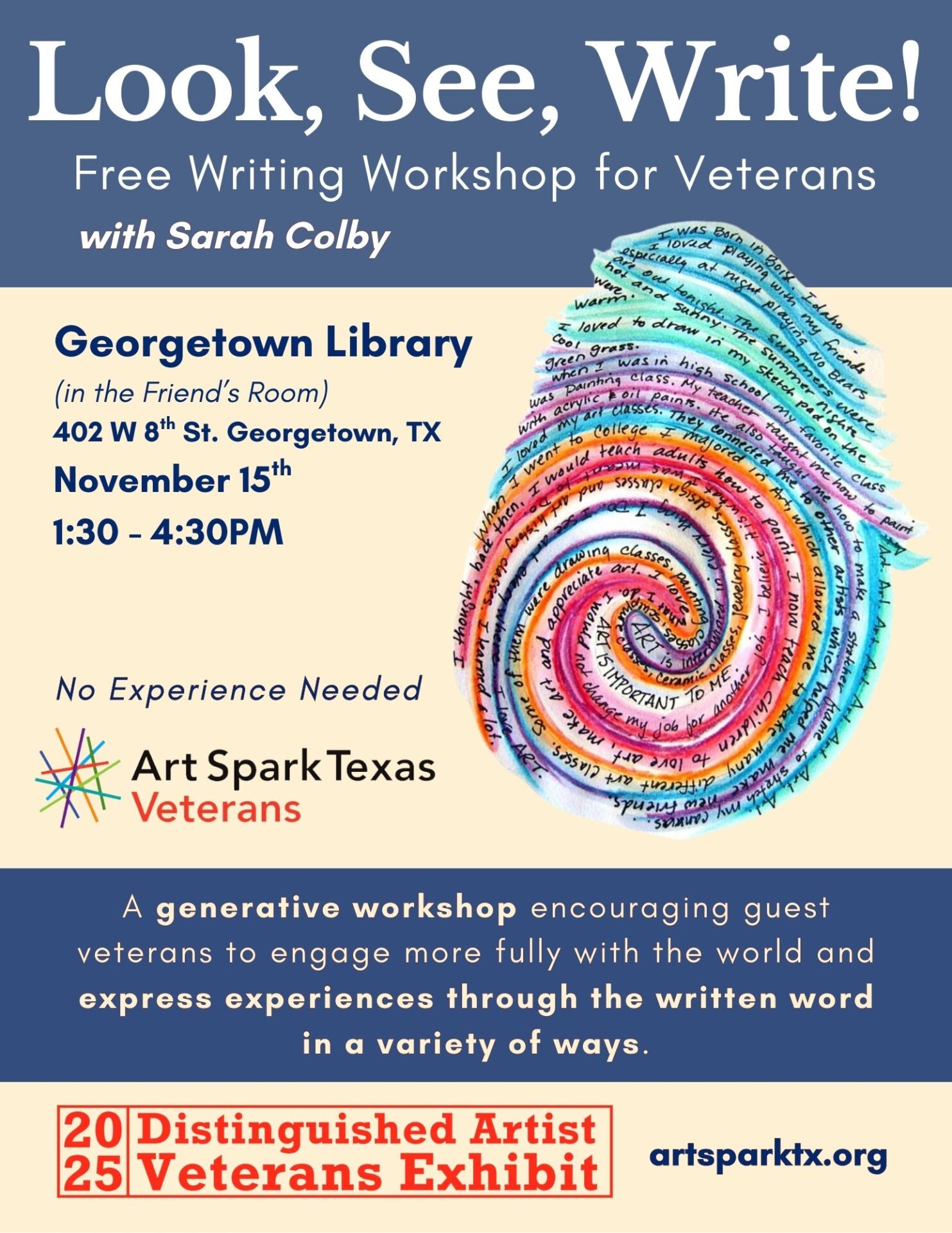 Look, See, Write workshop from Art Spark Texas in Georgetown at their downtown library's friend's room on November 15th from 1:30pm - 4:30pm