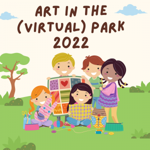 Cartoon image of children standing in a field holding up colorful artwork.