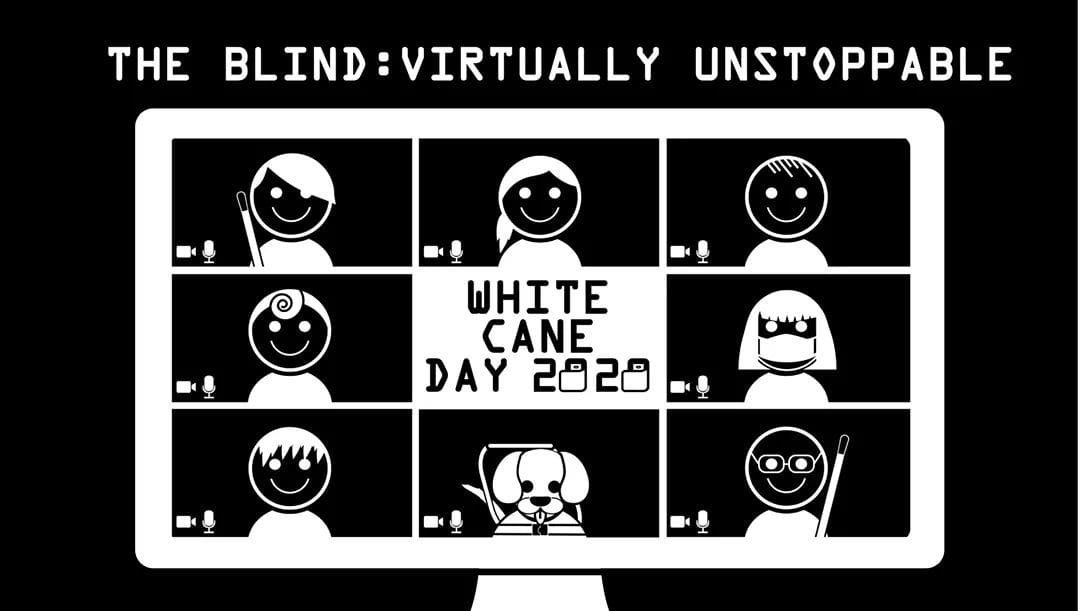 White Cane Day 2020 T-Shirt Design. A series of faces on a computer screen. Text: The Blind: Virtually Unstoppable.