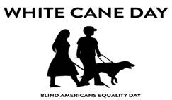White Cane Day logo. Silhouettes of a woman using a cane and a man walking with a guide dog.
