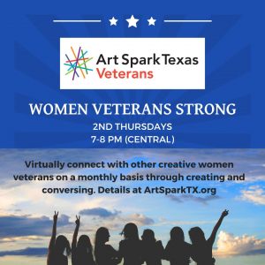 Silhouettes of women and a cloud filled blue sky. Text: Women Veterans Strong 
