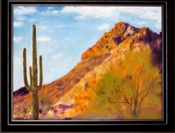 Oil painting of cactus and hill in Arizon