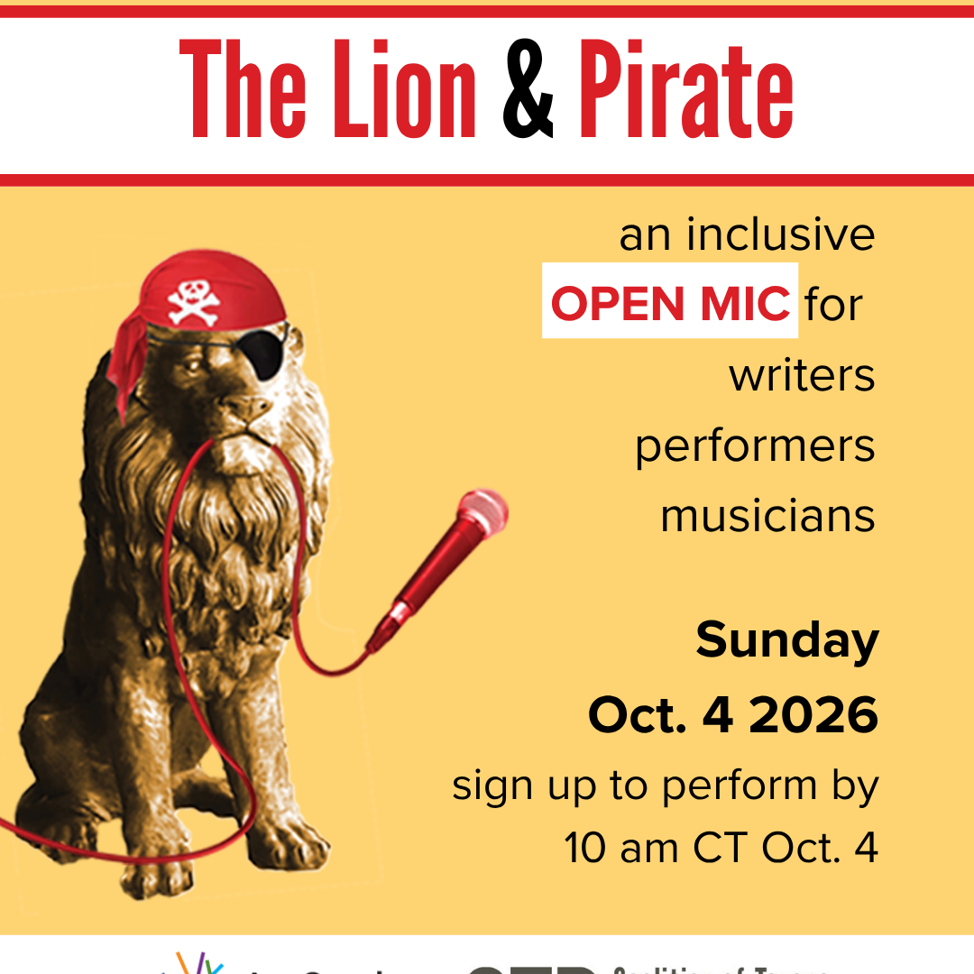 Graphic of a lion with a pirate eye patch and a microphone to promote Lion and Pirate Open Mic sessions