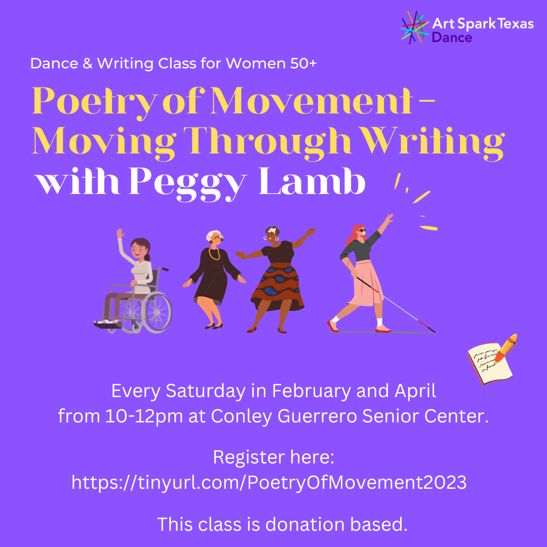 stylized graphic with cartoon-style dancers with and without disabilities. Text reads, "Poetry of Movement - Moving through writing with peggy Lamb."