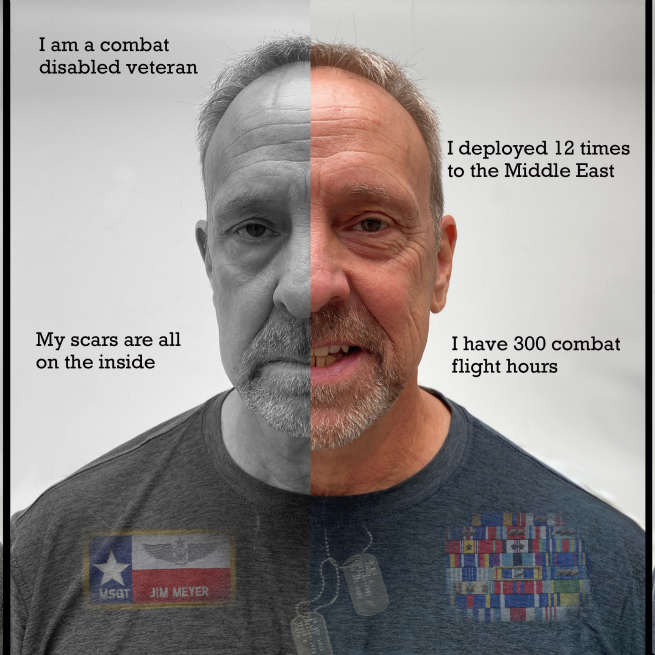 A triptych of three side by side images of James. The first is a black and white photo that shows James unsmiling and surrounded by words such as, “lethargic, PTSD, drifting.” The second is half of the black and white unsmiling photo, merged with half of a smiling color photo. Here, James is surrounded by sentences such as, “I am a combat disabled veteran.” The third is the complete smiling color photo of James and features words such as, “sincere, capable, caring, pleasant.”