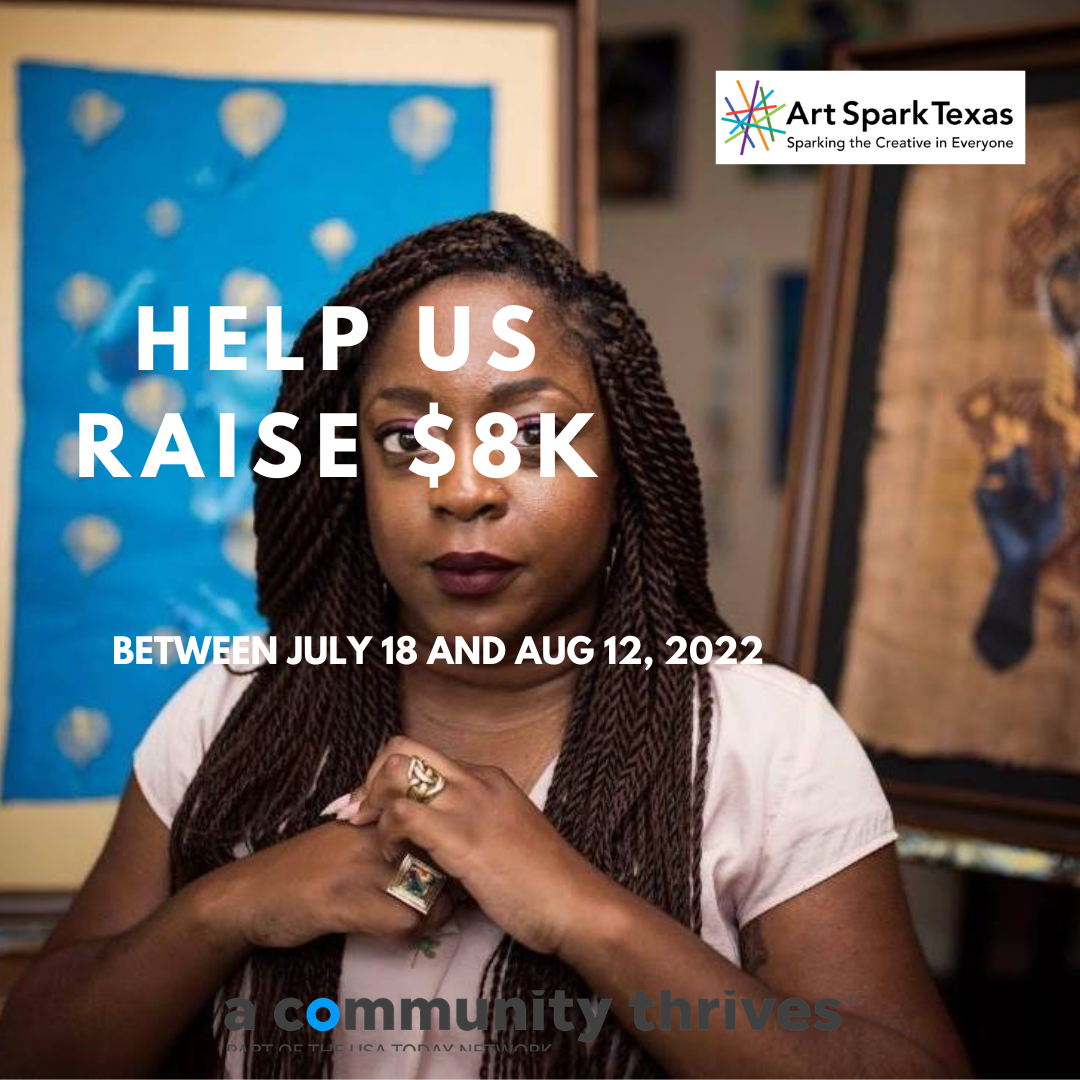 An artist posed infront of their work. text reads, "help us raise $8K between July 18th and August 12th."