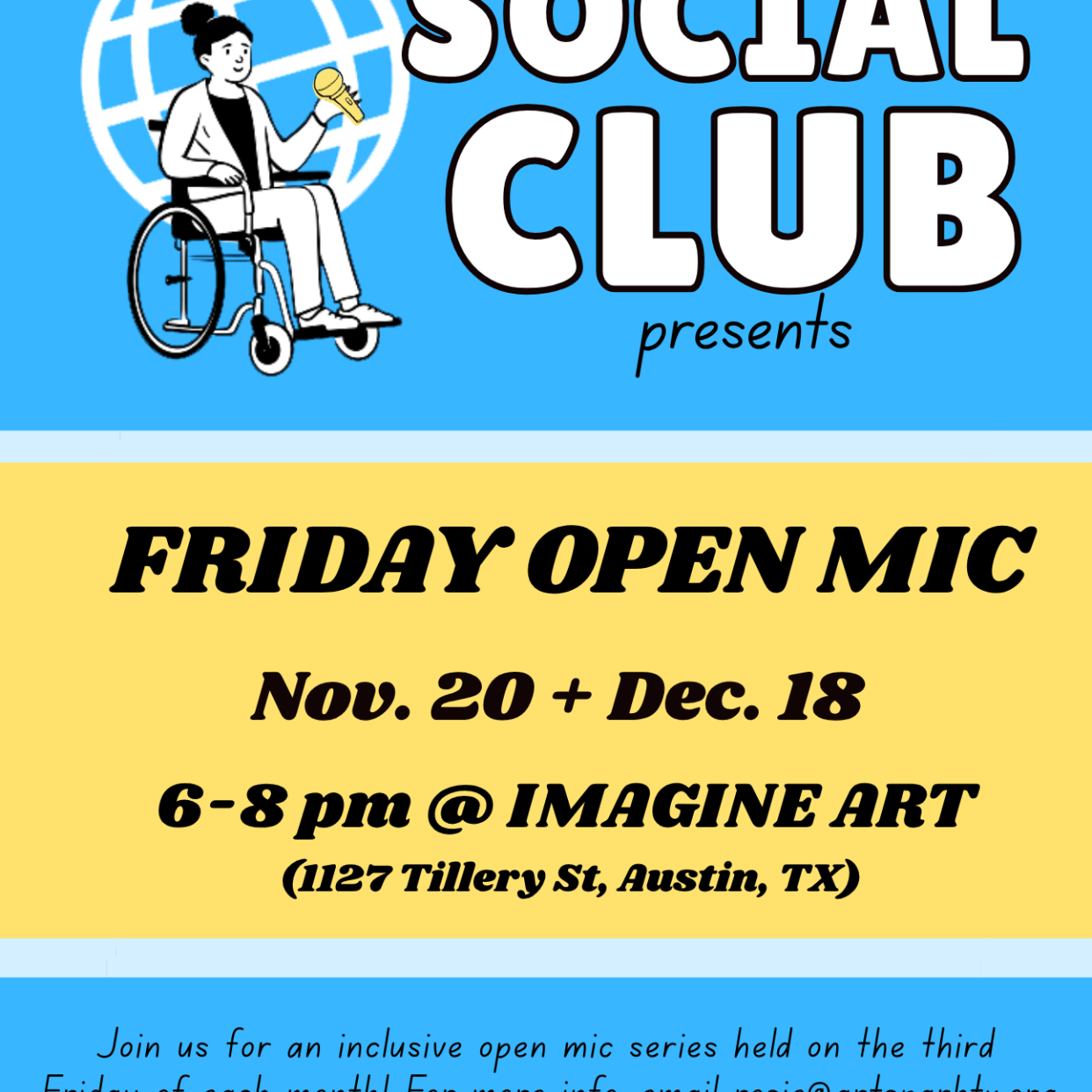 All Abilities Social Club flyer. Girl in a wheelchair with a graphic of the world
