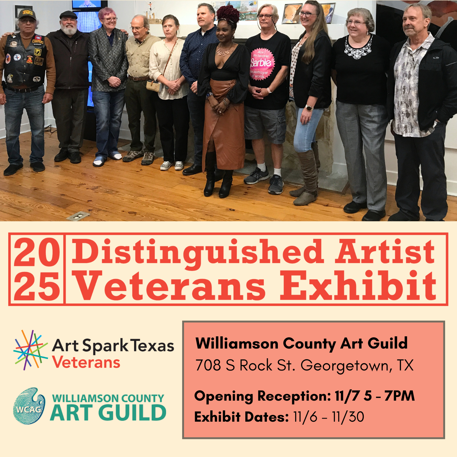 A flyer with images of veteran artists at previous year's exhibits with the text "2025 distinguished artist veterans exhibit" and details about the event