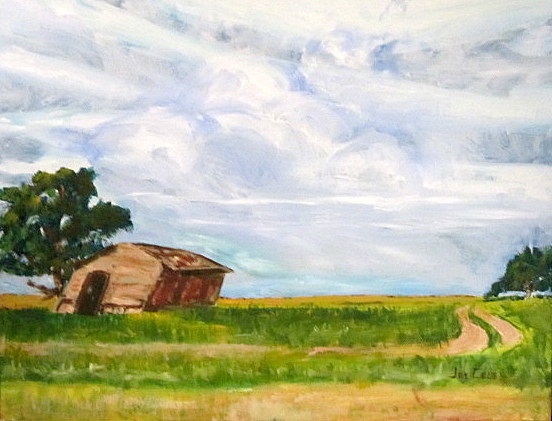 Oil painting of a prarie house leaning to the right