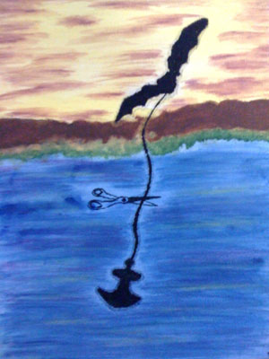 Artwork of bat flying while scissors cut it's anchor