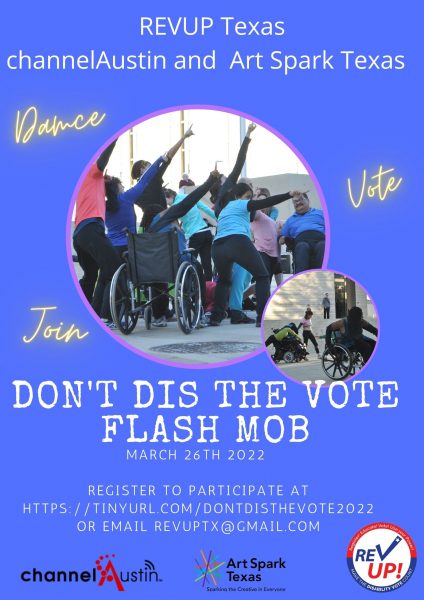 A poster promoting the Don't Dis The Vote flash mob for the 15th and 16th of January. Centered on the poster is a circular cropped photograph of a crowd of people with diverse abilities excitedly striking a pose with their fingers pointing to the sky.