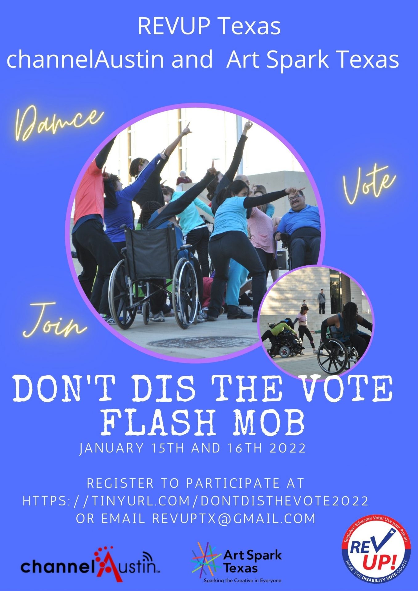 A poster promoting the Don't Dis The Vote flash mob for the 15th and 16th of January. Centered on the poster is a circular cropped photograph of a crowd of people with diverse abilities excitedly stiking a pose with their fingers pointing to the sky.