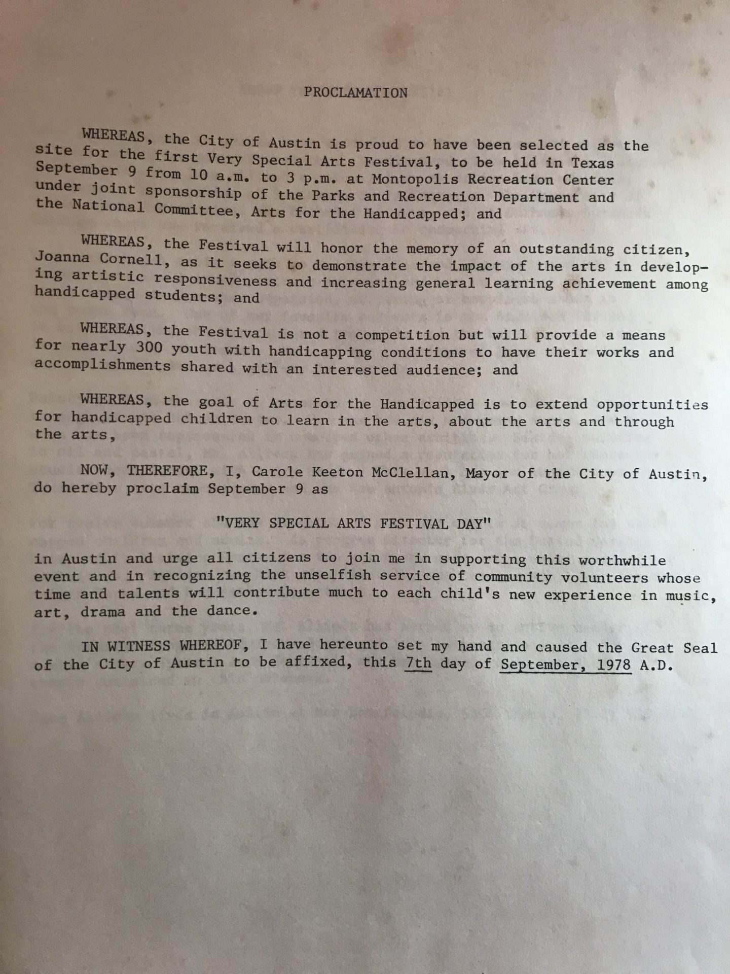 Photo of the 1978 proclamation