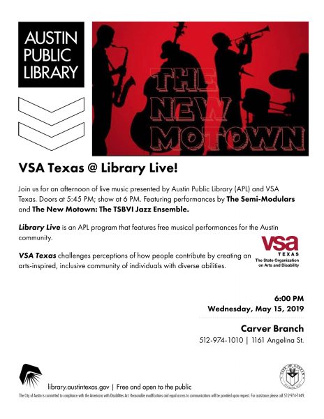 flyer for May 15, 2019 library concert shows silhouettes of jazz musicians with red background and text "the new Motown"