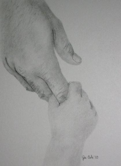 Graphite drawing of child holding adults hand