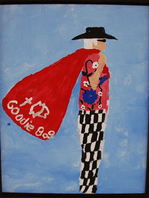 Man in a brightly colored shirt carrying a red bag of goodies