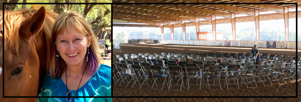 Side-by-side photos of Mary with a horse and preparing for a drum circle