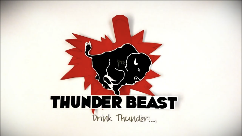drawing of bison over red splotch with text underneath reading thunder beast, drink thunder