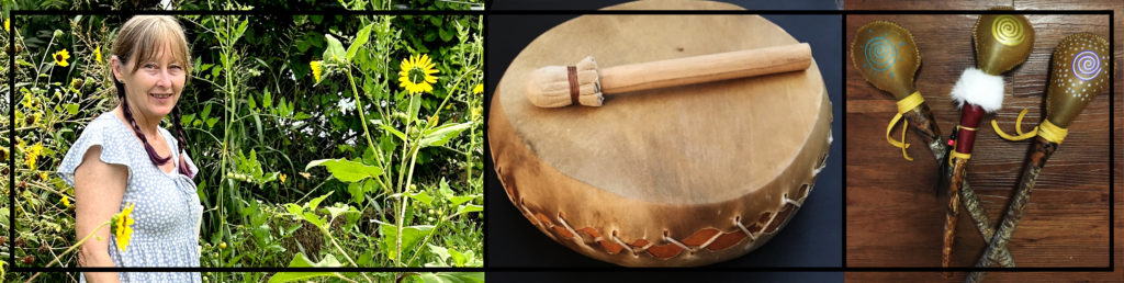 Three photos including Mary and two of her handmade percussion instruments